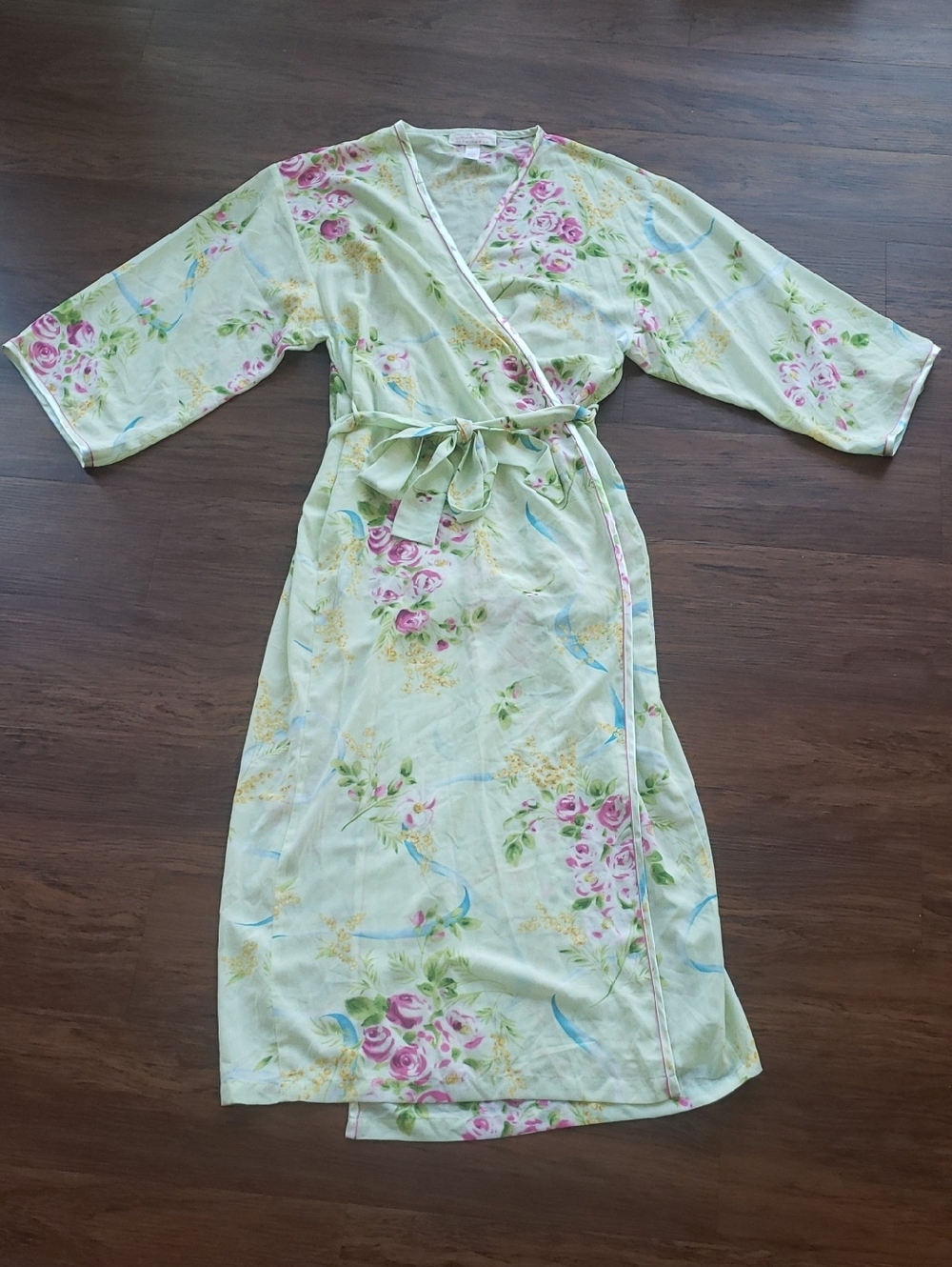 Oscar De La Renta Floral Wrap Robe Size L/XL Light Green Romantic Fairy Cottage